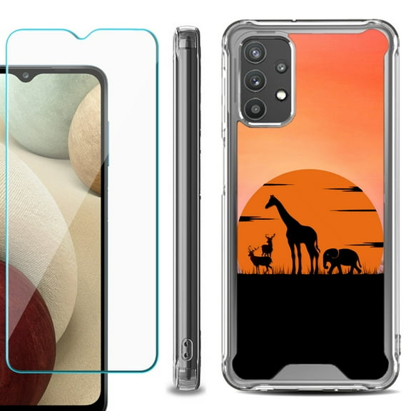 Shockproof Bumper Phone Case for Samsung Galaxy A32 5G, with Tempered Glass Screen Protector, by OneToughShield ® - Sunset Safari