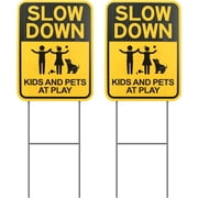THTEN 16" x 12" Slow Down Kids and Pets at Play Yard Signs with Metal Wire H Stakes, Caution Road Sign, Road Sign Decor for Parents, Home Owners Associations, Realtors, Real Estate,Schools 2 Pack
