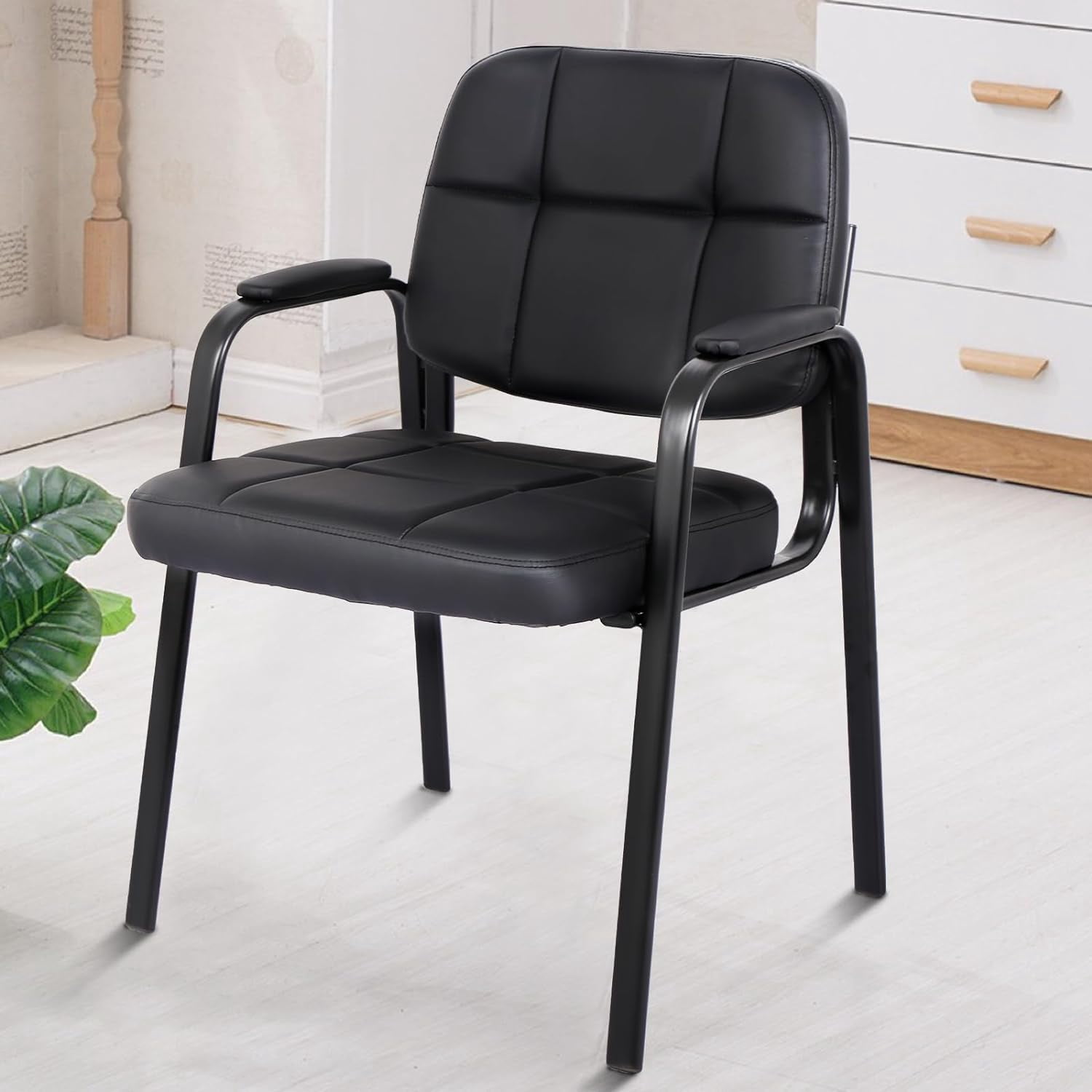 YOJFOTOOU Indoor Leather No Wheels Office Desk Chair with Padded Arms, Black (Set of 2)