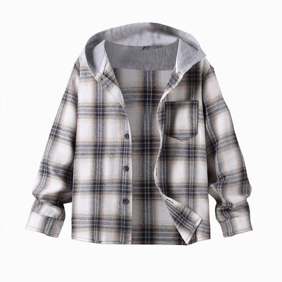 CAICJ98 Kids Boys Girls Button Down Shirts Long Sleeve Lightweight Plaid Hooded Flannel Shirt Cute Tops (Grey,7-8 Years)