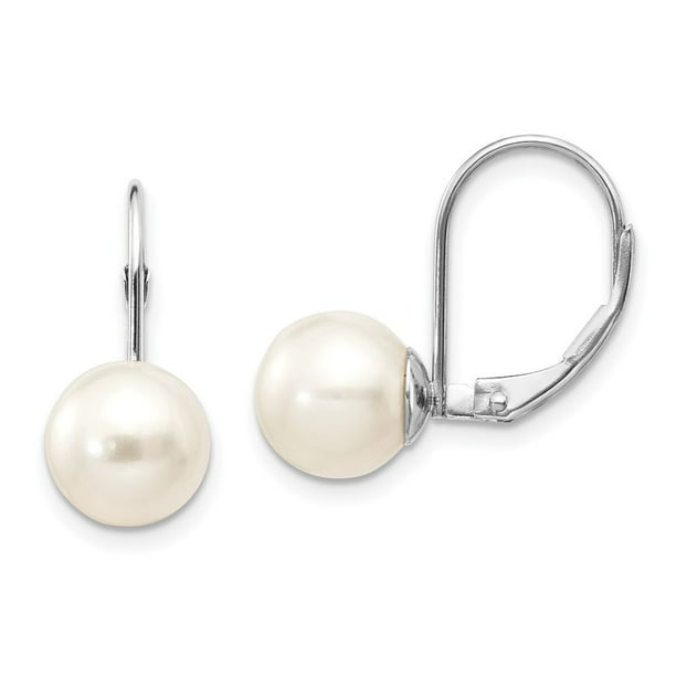 Real 14kt White Gold 8-9mm Round Freshwater Cultured Pearl Leverback  Earrings; for Adults and Teens; for Women and Men