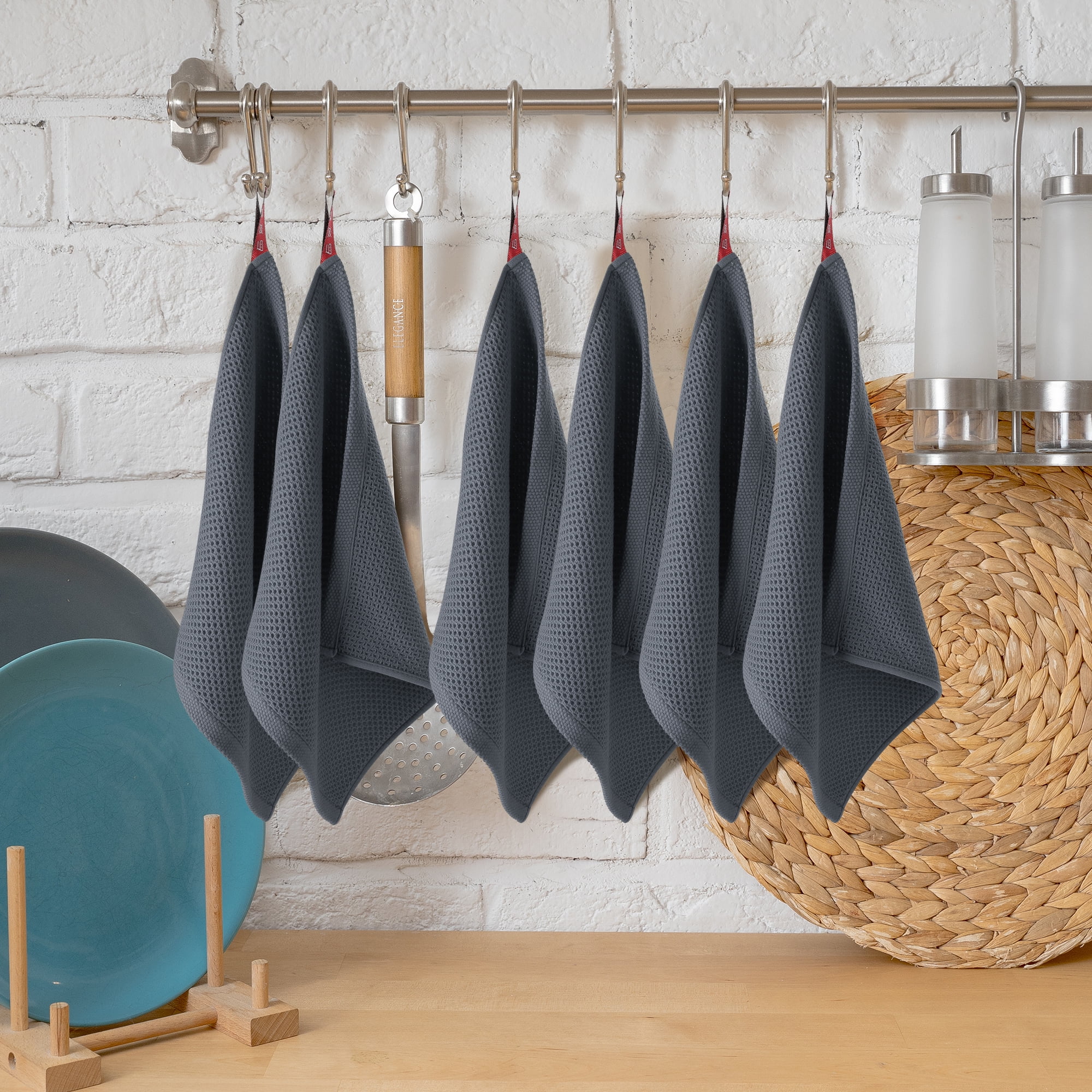 Unique Bargains 6Pcs Cotton Absorbent Waffle Kitchen Dish Towels Gray