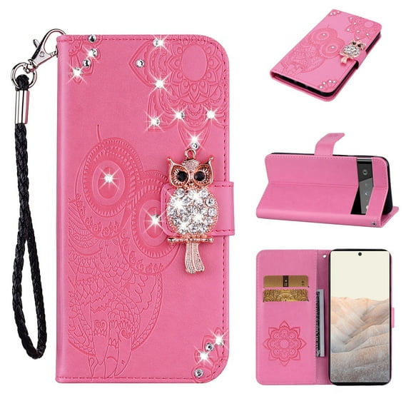 Google Pixel 7 Pro (6.7" 2022) Case with Wrist Strap, PU Leather Embossed Glitter Diamond Owl [Kickstand & Card Holder] Full-protective Anti-fall Shockproof  Girls Women, Pink