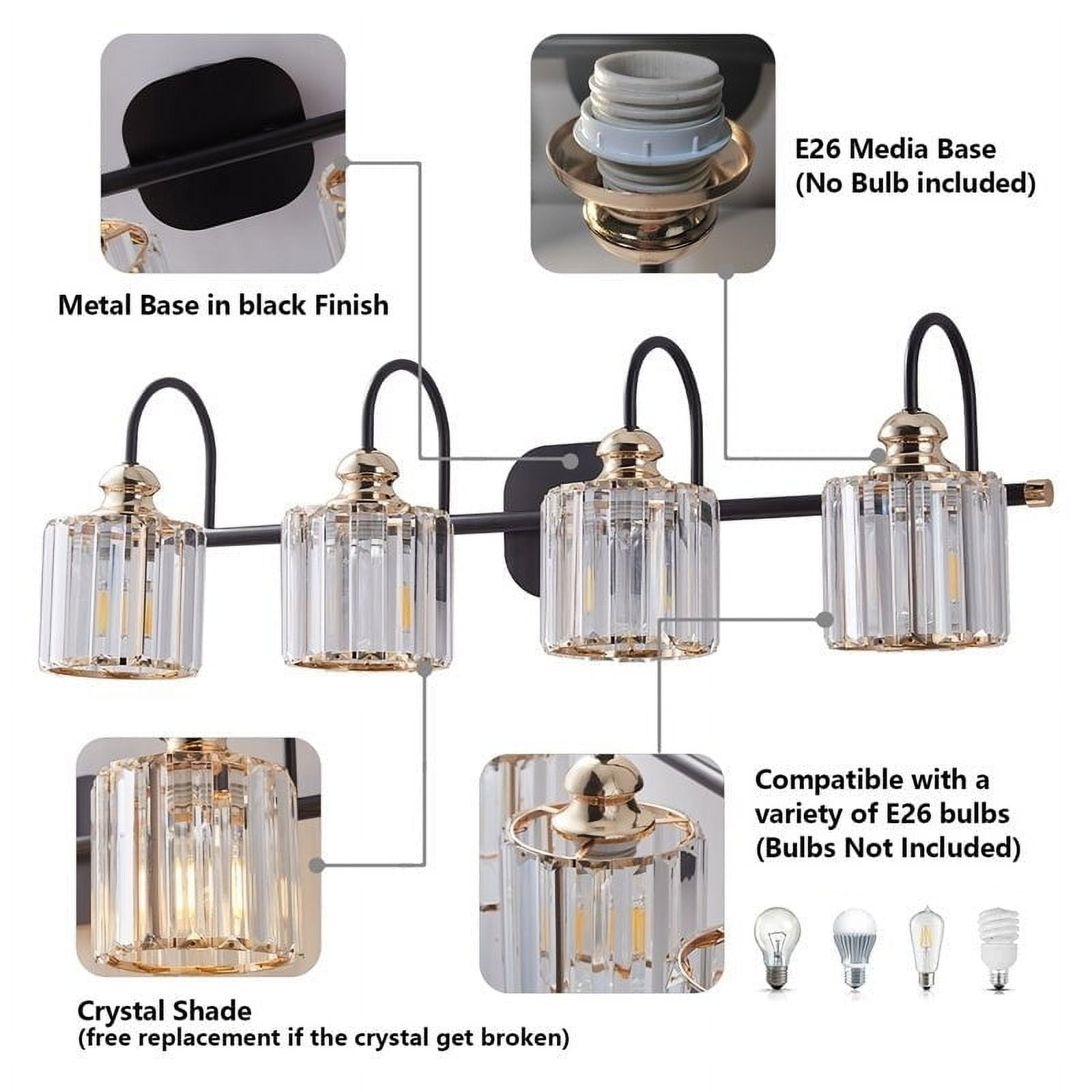 ExBrite 4-Light 32" Gold Crystal Vanity Wall Sconces Bath Lighting Fixture