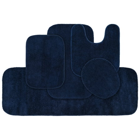 Garland Rug Traditional Washable Bath Rug Set, 5 Piece Set (2 Bath Rugs, Contour, Lid, & Runner) Navy