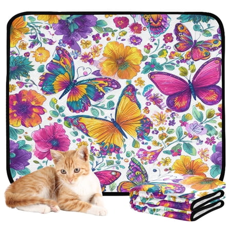 Qxltty Colorful Butterfly Blooms Cat litter Pads Pet Set of 3 Diaper Mats Center Anti-leakage Layer Absorbent Soft and Comfortable