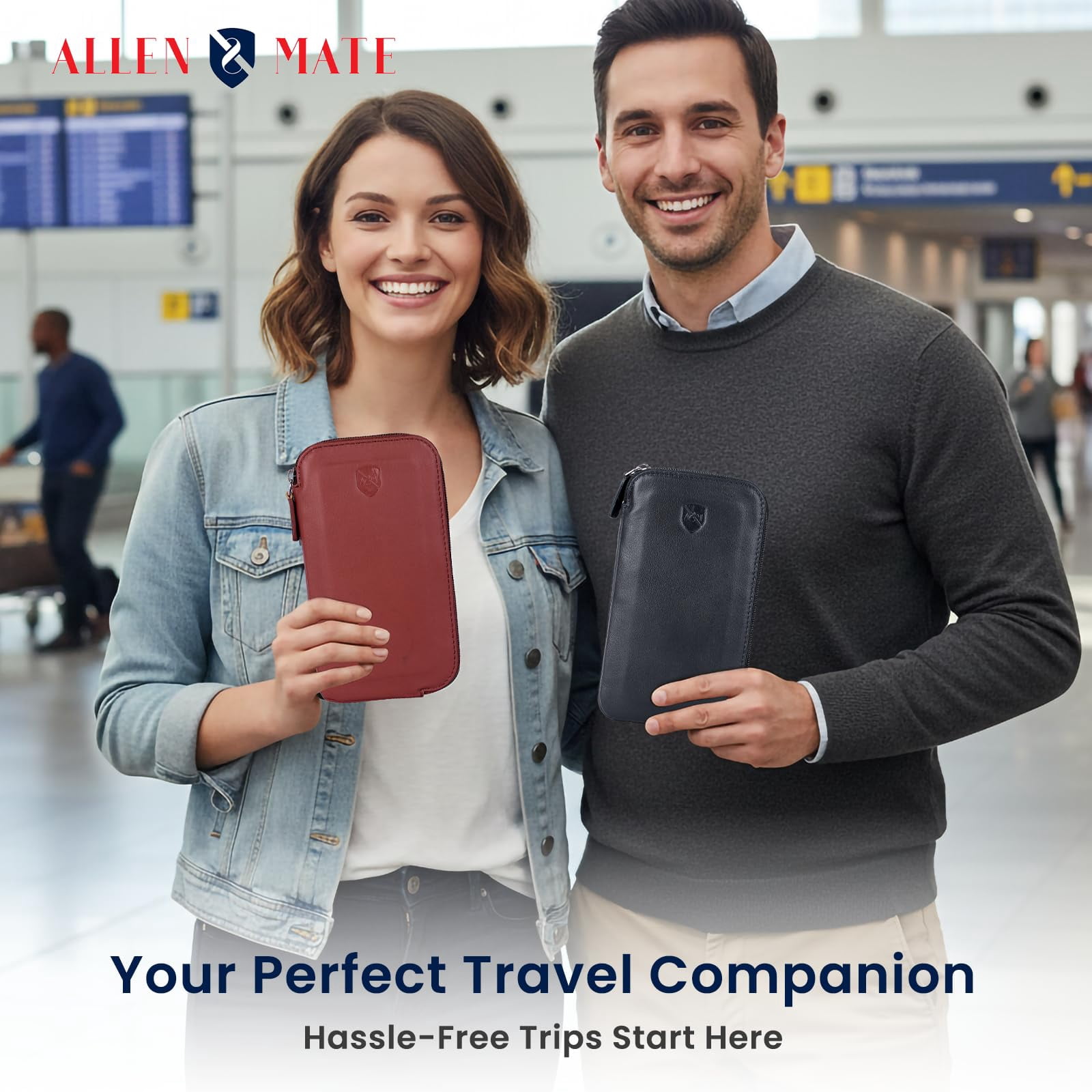 ALLEN & MATE Genuine Leather Phone Pouch Case Sleeve with Zip – Slim Mobile Phone Holder Wallet for Passport ID and Cards Fits iPhone 17 Pro Max, 16, 15 Samsung Galaxy S25 & Android - Navy Blue