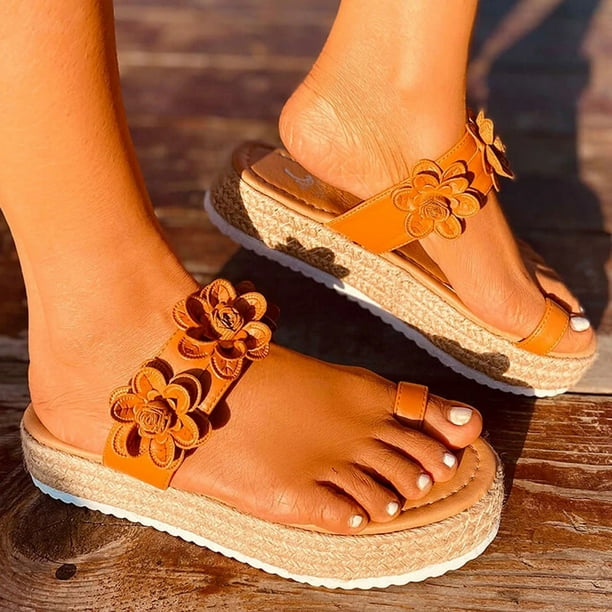 CHGBMOK Womens wedge Sandal Summer Casual Womens Sandals Open Toe Flower  Pattern Thick Bottom Flip Flop Weaving Slippers