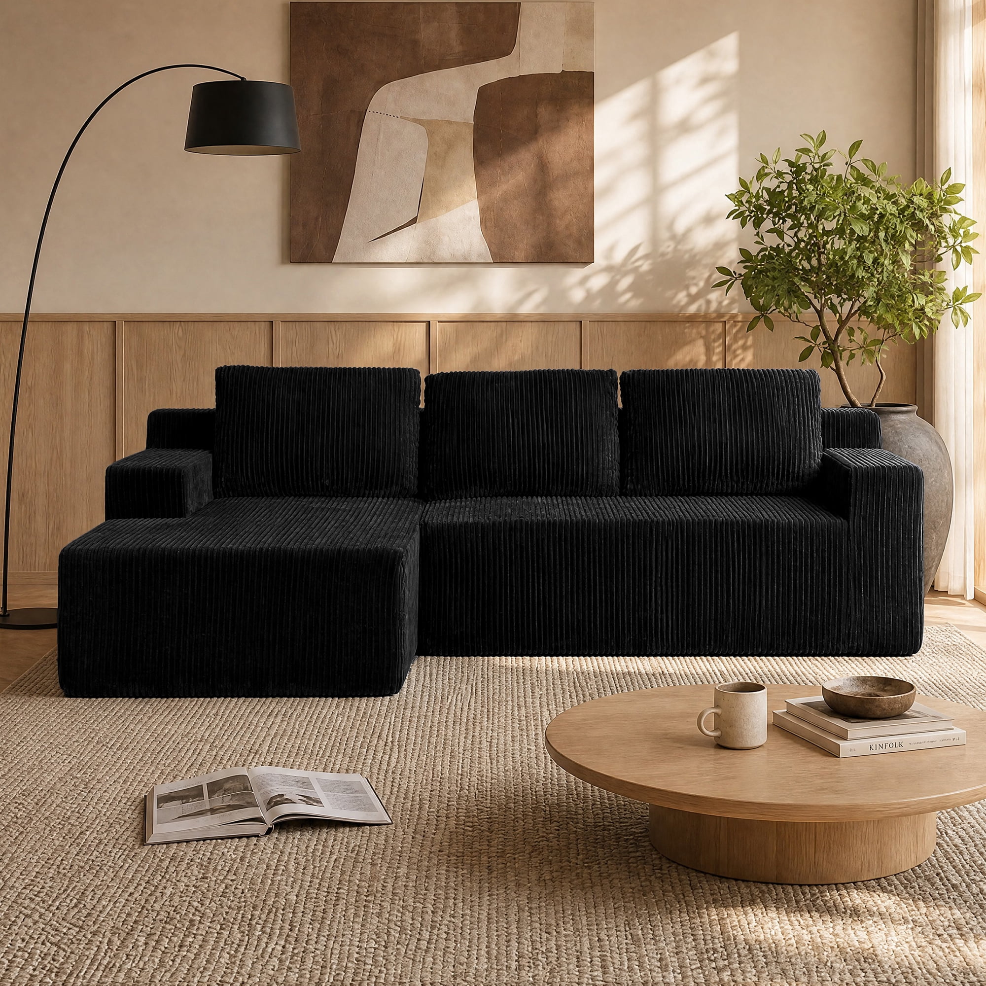 Leumius Corduroy Modular L-Shaped Sectional Sofa,Luxury Floor Couch Set,Upholstered Indoor Furniture,Foam-Filled Compressed Sofa for Living Room,Bedroom Black