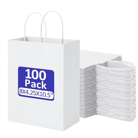 BagDream 100Pcs Paper Gift Bags 8x4.25x10.5 White Kraft Paper Bags with Handles Shopping Bags Bulk Medium Size for Wedding, Mother's Day, Baby Show and Birthday