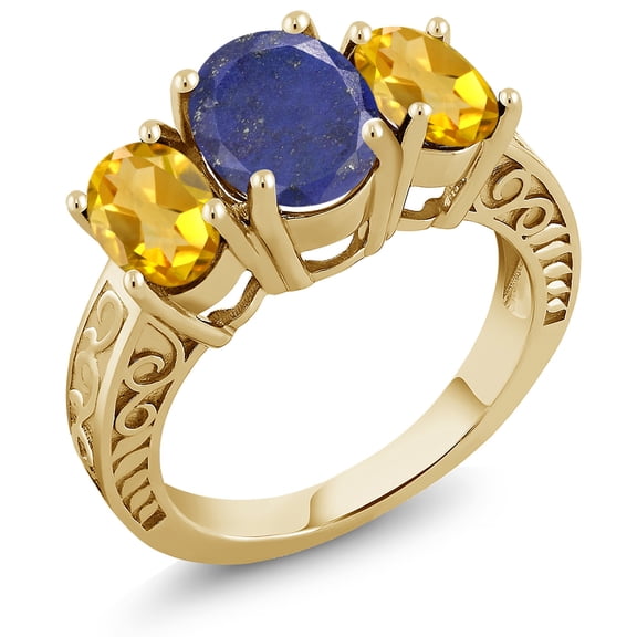 Gem Stone King 3.50 Ct Oval Blue Lapis Yellow Citrine 18K Yellow Gold Plated Silver Ring (Size 5)