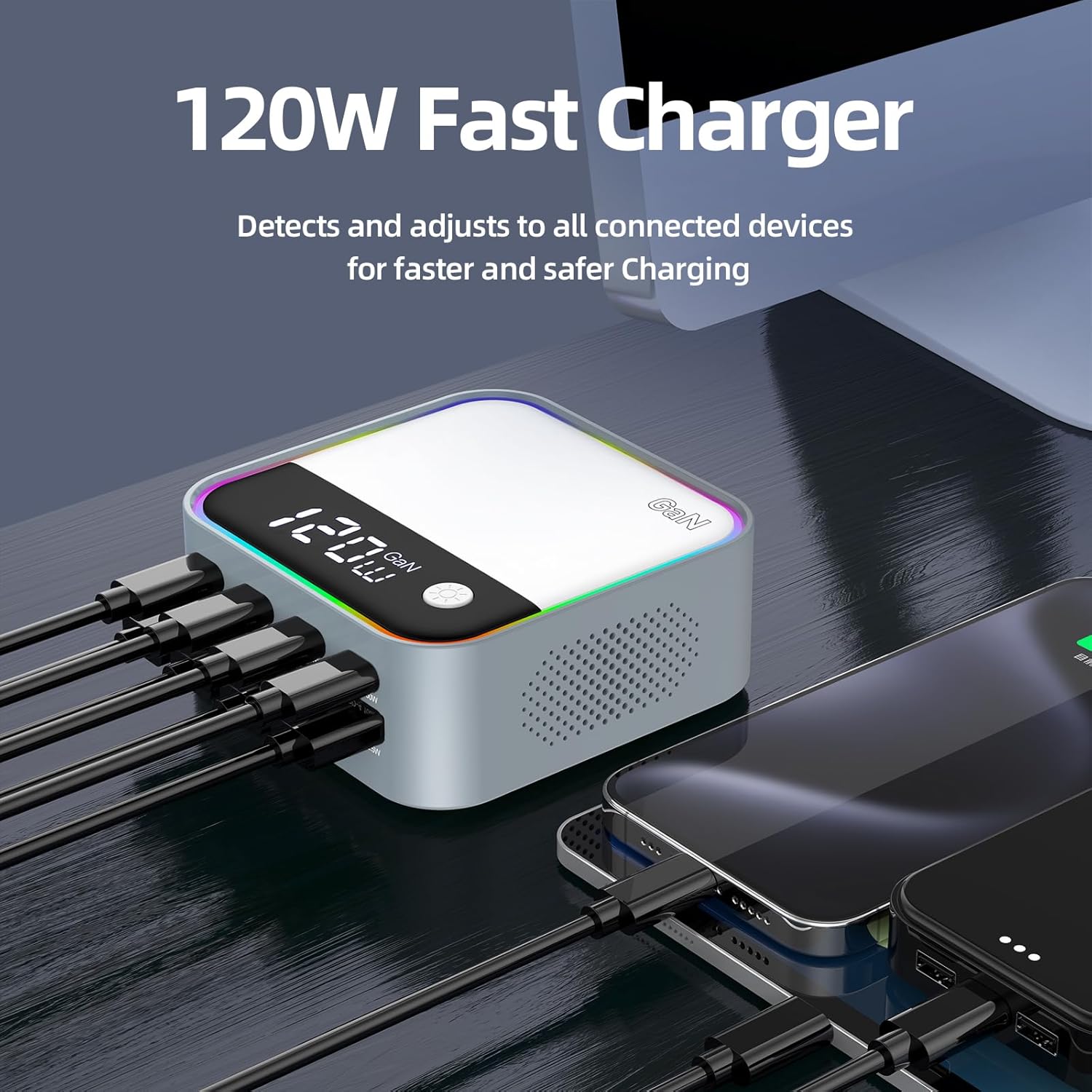 120W GaN USB C Charger Block, 8-Port USB Charging Station, Fast Charging Hub with Rainbow Gradient Light & LED Display, Desktop Charger Adapter for Phone, Tablet, Laptop, Headphones