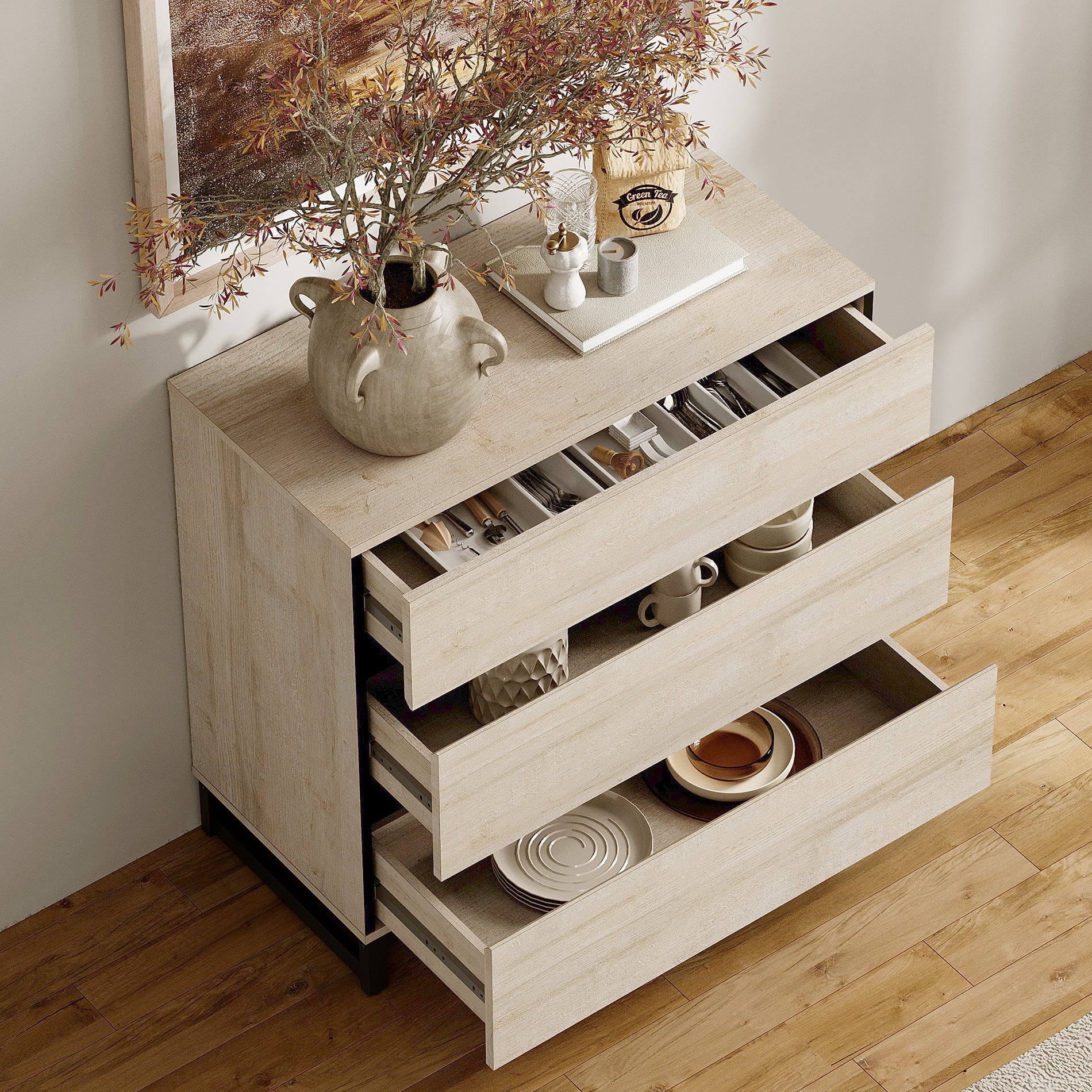 Modern 4-in-1 Sideboard Buffet Cabinet, Storage Credenza with 6 Drawers, Adjustable Shelf and Tempered Glass Doors, Metal Base Coffee Bar Cabinet for Home Decor,Beige