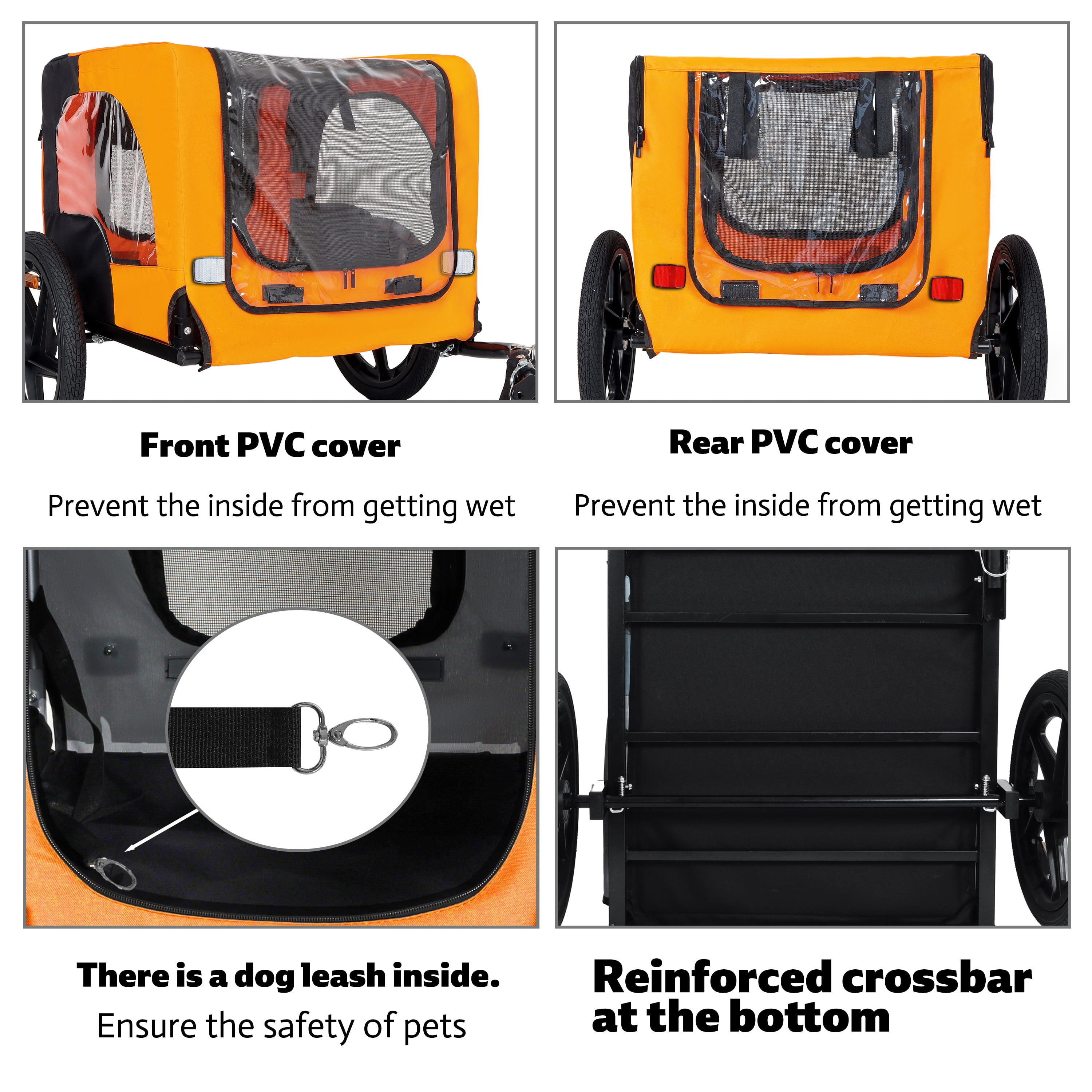 Collapsible Pet Bike Trailer, 16in All-Terrain Wheel Foldable Dog Carrier Cart with Universal Hitch, Reflective Safety Design Waterproof Mesh for Outdoor Cycling, Black & Orange