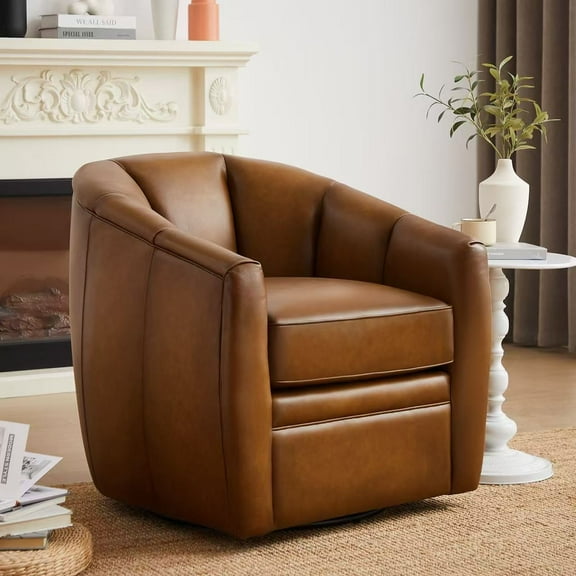 L&L LIVING 100% Top Grain Leather Barrel Swivel Chair for Living Room , No Assembly Required