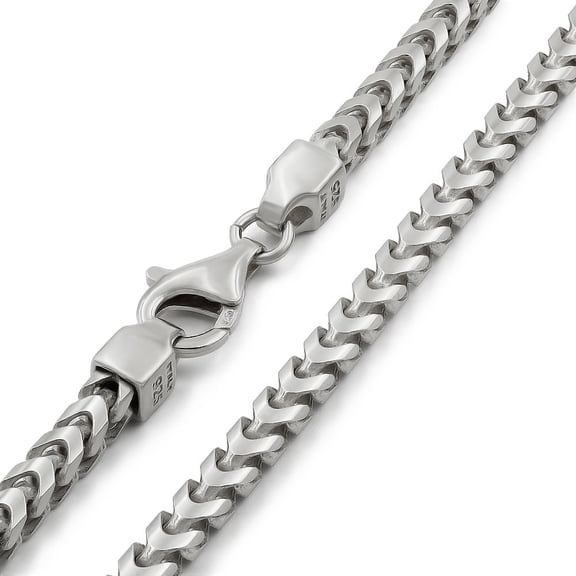925 Italian Sterling Silver 4mm Solid Franco Chain, FREE Microfiber Cloth, Rhodium Plated Square Box Link Mens Womens Necklace 16" - 30", Giorgio Bergamo