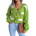 thumbnail image 3 of Women'S Casual Elegant Cloud Print Cropped Button Front Long Sleeve V Neck Knit Cardigan Green S, 3 of 10
