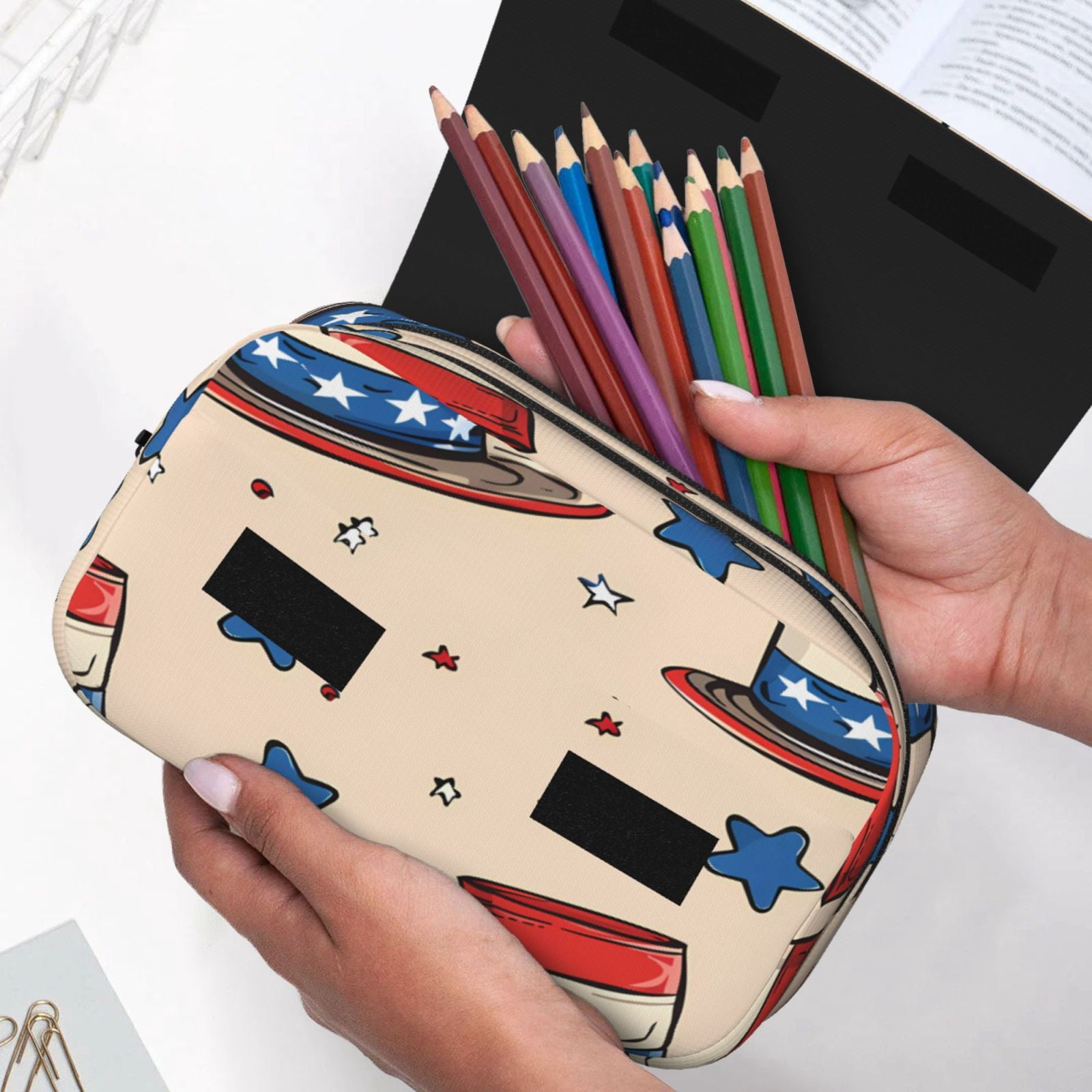 Large-Capacity Flip-Top Double-Layer Pencil Case, Multi-Functional Pocket Pen Case, Durable Stationery Organizer Independence Day Theme Elements Star (5)