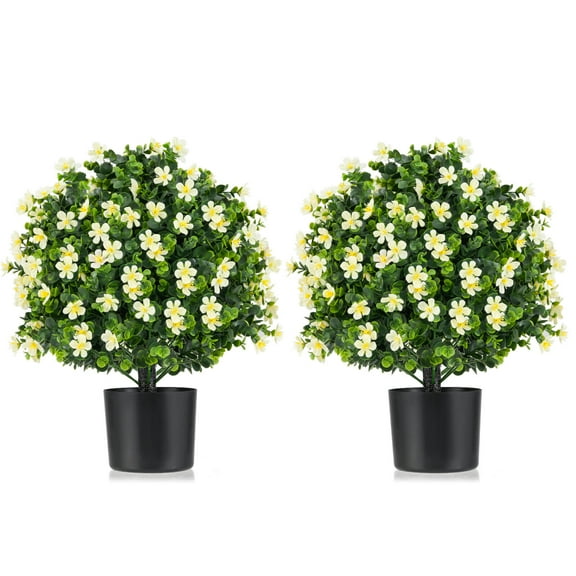 Costway 2 Pack Artificial Boxwood Topiary Ball Tree Faux Shrub Bushes with Flowers White