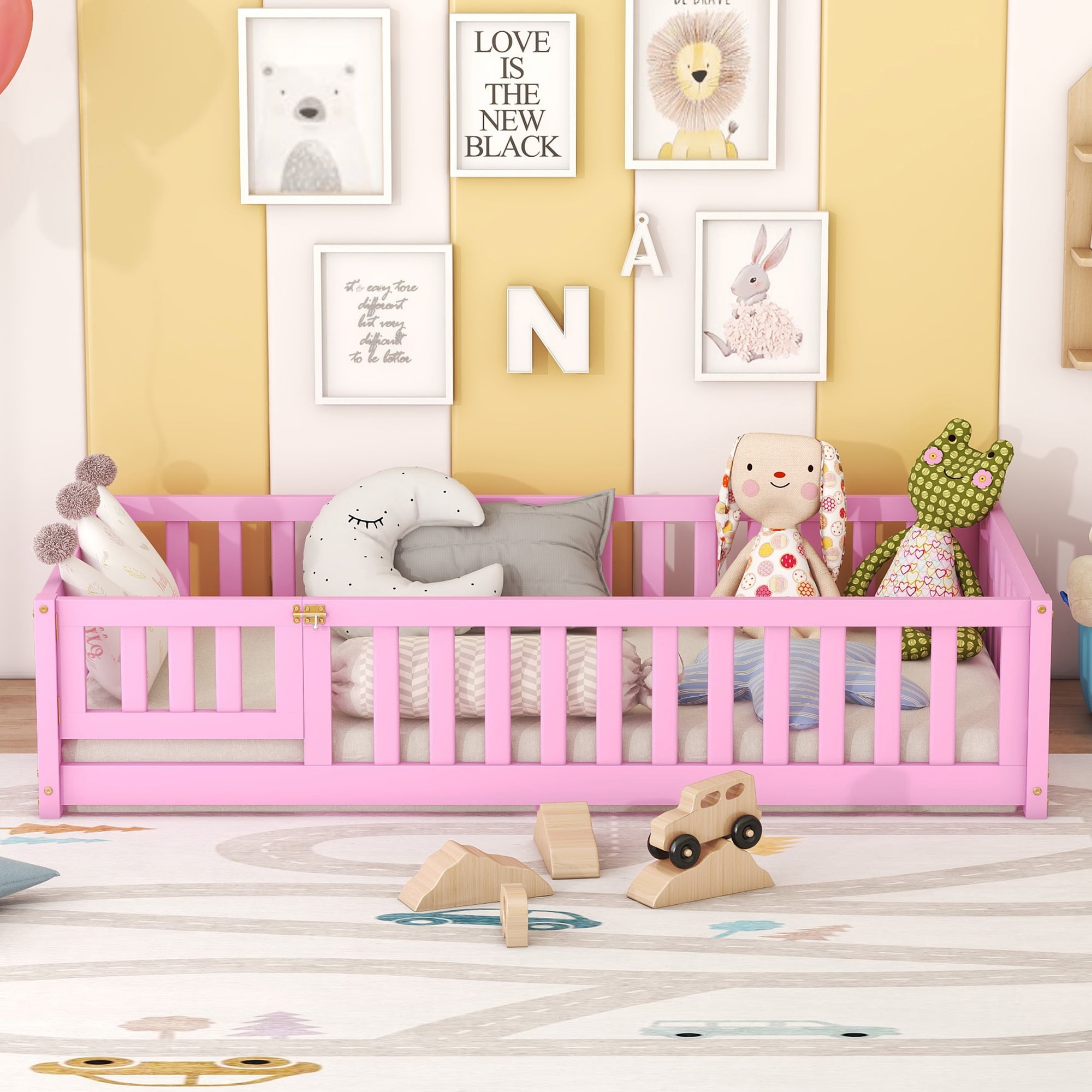 Miniyam Twin Size Toddler Floor Bed with with Safety Guardrails, Pink