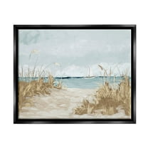 Stupell Industries Sandy Beach Walkway Distant Sailboats Floating Sea Painting Jet Black Floating Framed Canvas Print Wall Art, Design by Julie Derice