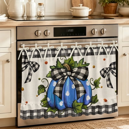 Oven Skirt Curtain for Kitchen 24x32 Inch Polka Dot Blue Pumpkins Oven Curtain with 8 Ribbon Ties & Ruffle Trim Stove Skirt Curtain Dishwasher for Cabinets Sinks Autumn Leaves Bow Buffalo Plaid