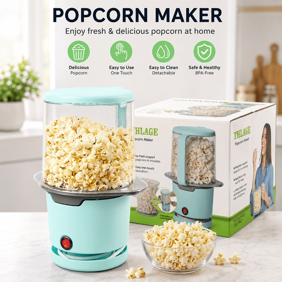 KYFIU Popcorn Machine, Popcorn Popper Maker, Electric Popcorn Popper with Lid, Hot Air Fresh Popcorn Popper for Home, Party, Movie, Blue