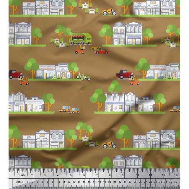 Soimoi polyester Crepe Fabric Vehicles,Tree & Shops Architectural Print Fabric by the Yard 42 Inch Wide
