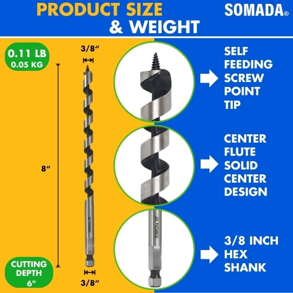 SOMADA 3/8-inch x 8-inch Auger Drill Bit for Wood, Quick Change Hex Shank 3/8-inch, Ship Auger Long Drill Bit for Soft and Hard Wood, Plastic, Drywall and Composite Materials