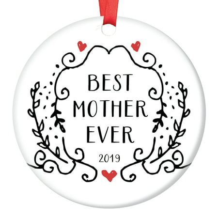 Gifts for Mom Ornament 2019 Christmas Keepsake Best Mommy Ever Birthday Mother's Day Present Newborn Son Daughter Stepchild Ornate Victorian Black & White Scroll Tree Decoration Ceramic 3