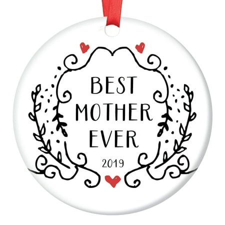 Christmas Day 2019 Gifts for Mom Ornament 2019 Christmas Keepsake Best Mommy Ever Birthday Mother's Day Present Newborn Son Daughter Stepchild Ornate Victorian Black & White Scroll Tree Decoration Ceramic 3