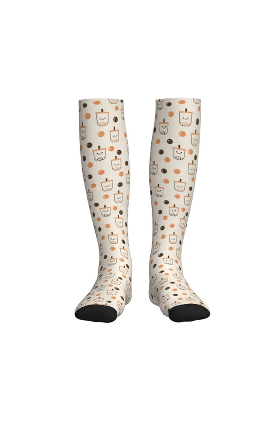 Boba Milk Tea Compression Socks for Women and Men 20-30mmHg-Circulation Support Socks Knee High Nurse Pregnant Running Medical and Travel Athletic