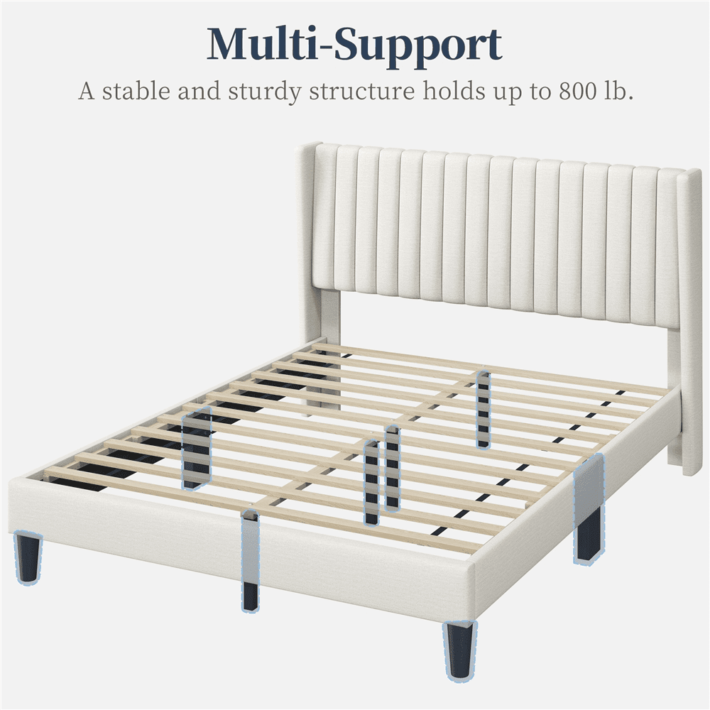 Fullfurnique Lit Rembourré avec Tête de Lit à Oreilles Design a Cannelures, Taille Queen, Ivoire