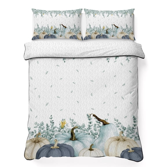 Twin Quilt Bedding Set Watercolor Fall Blue Pumpkin Lightweight Summer Quilted Coverlet for Hot Sleepers, Eucalyptus Leaves on Top Breathable Soft Cooling Blanket with 2 Pillow Shams for All Season