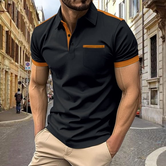 Adult Men's Polo T Shirts Short Sleeve Button Tees Shirt Slim Fit Black Mens Beach Outfit