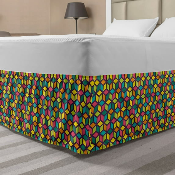Geometric Bed Skirt, Colorful Cubes Funky Shapes in Various Tones Abstract Mosaic Tile Repetition, Elastic Bedskirt Dust Ruffle Wrap Around for Bedding Decor, 4 Sizes, Multicolor, by Ambesonne