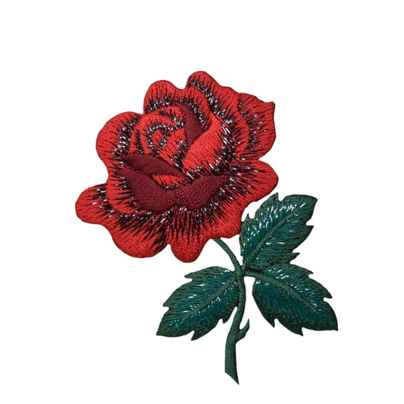 Red Rose - Open Petals on Stem - Iron on Applique/Embroidered Patch
