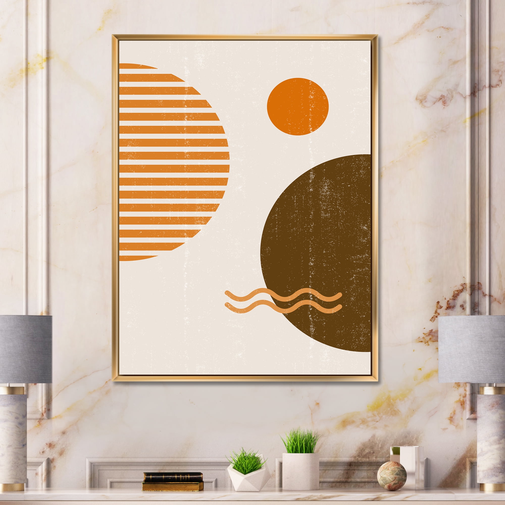 Designart 'Abstract Minimal Moon and Sun In Earth Tones III' Modern Framed Canvas Wall Art Print
