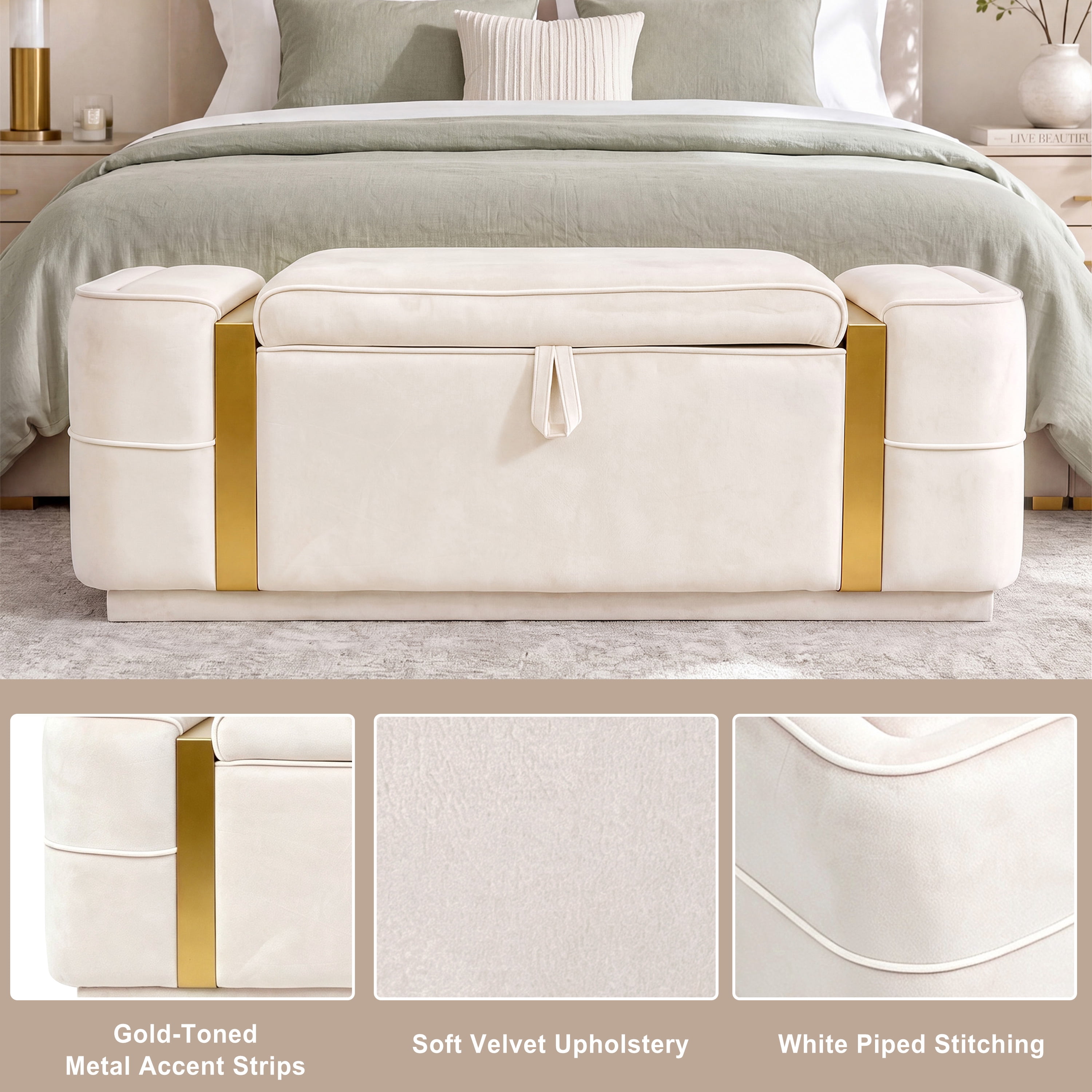 Euroco 47.2" Storage Ottoman Bench,Upholstered End of Bed Bench with Seating, Entryway Bench for Living Room Bedroom,Beige