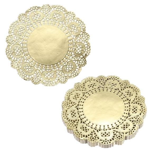 Uxcell 200pcs Lace Paper Doilies 5 Inch Gold Round Disposable Decorative Paper Placemats Hollow Flower Absorbing Papers for Cakes Desserts Food Decoration Wedding Birthday