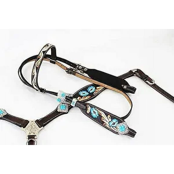 Western Headstall Breast Collar Reins & Wither Straps Tack Set Cowhide Leather Handmade Beaded Tooled Carved Horse Saddle Riding Tooling Carving Equestrian Size Full