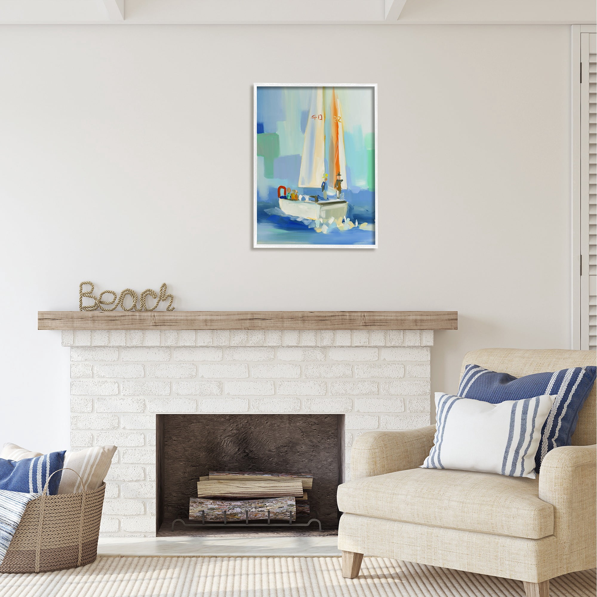 Stupell Industries Abstract Sailboat Waves Transportation Painting White Framed Art Print Wall Art, 24 x 30