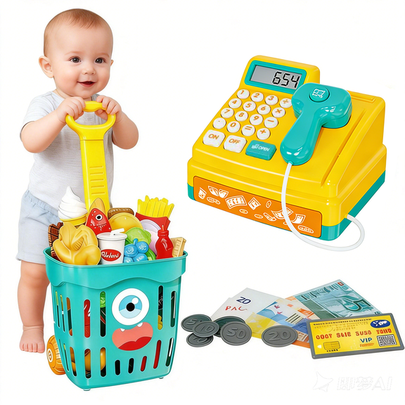 Adofi Cashier Register for Kids, Cash Register Toys for Boys Girls, Toddler Play Shopping Cart Set, Play Money Pretend Play Toys-Yellow