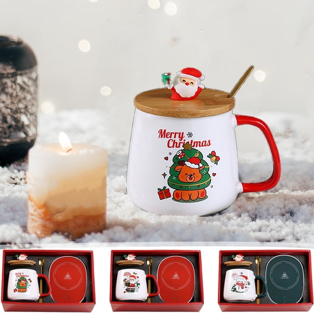 MTBLYS Christmas Gift Set Santa Claus Ceramic Mug Usb Heating Pad 400Ml Capacity Red Color Office Home Kitchen Holiday Party Gift