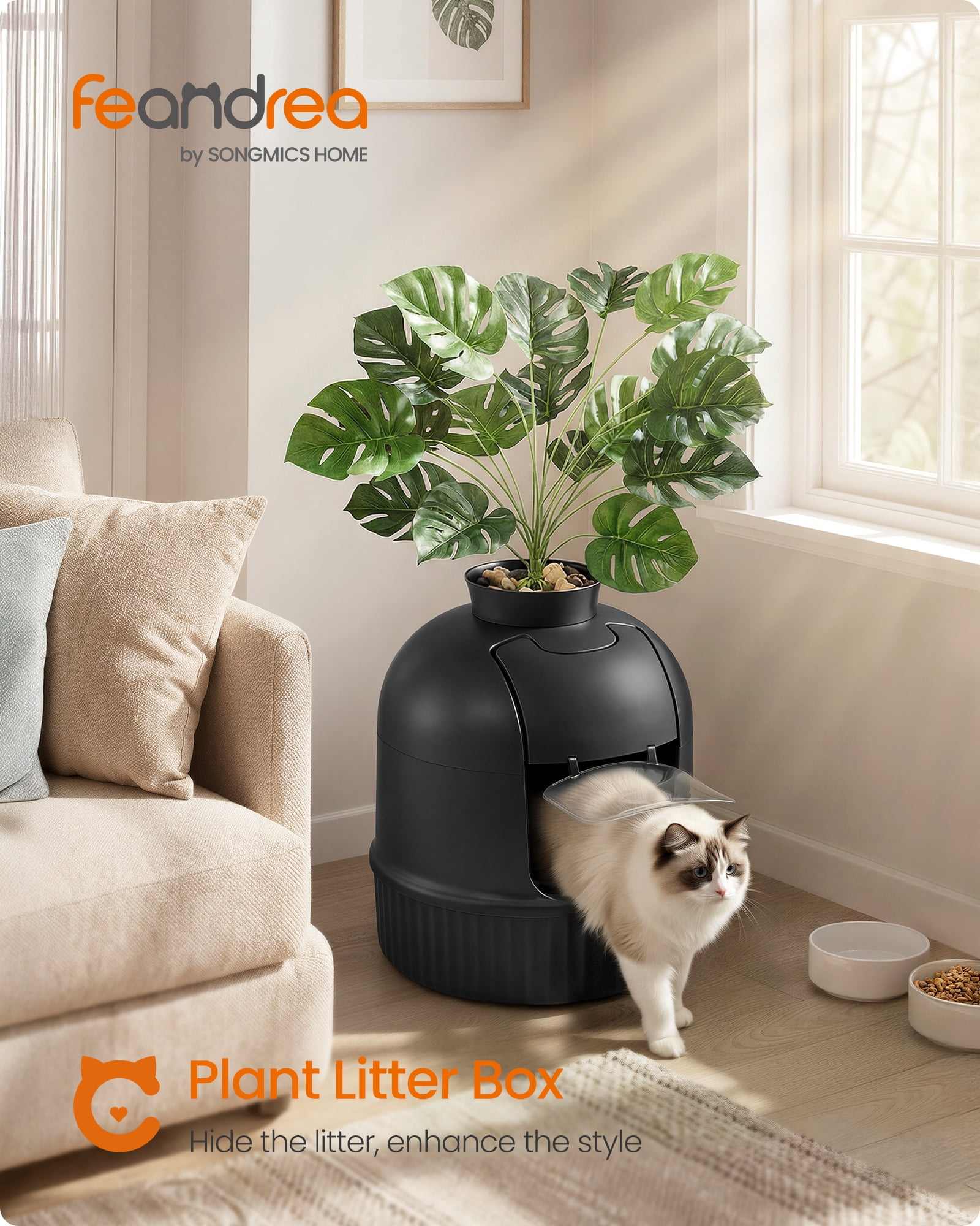 Feandrea Plant Cat Litter Box Enclosure with Artificial Plant, Enclosed Hidden Litter Box Furniture with Door, Pebbles, Scoop, Brush, Ink Black