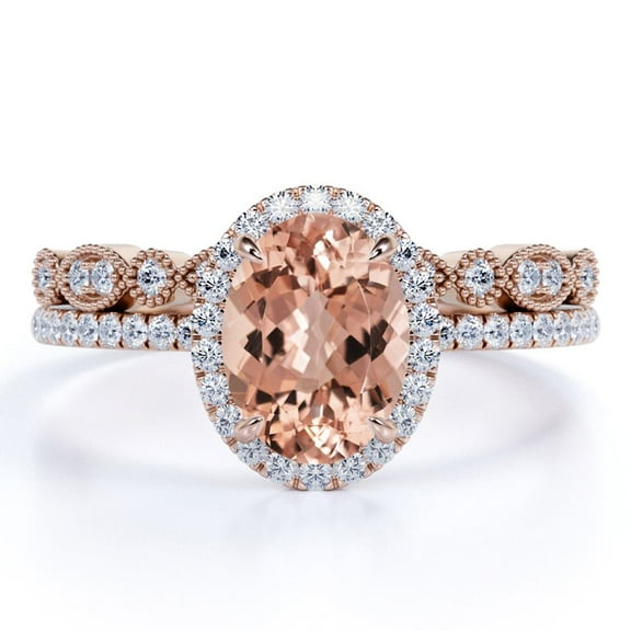 JeenMata Oval Cut 1.75 Carat created morganite and Moissanite Wedding Ring Set in 18K Rose Gold over Silver