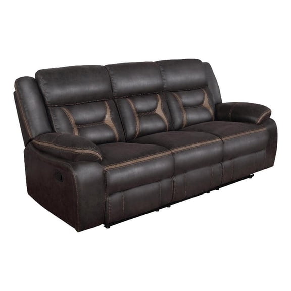 Benjara 87" Sofa- Manual Motion Recliner- 2 AC and 2 USB- Brown Faux Leather