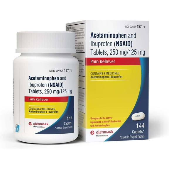 Glenmark Therapeutics Dual Action Acetaminophen 250mg and Ibuprofen 125mg Caplets, Up to 8h of Pain Relief for Minor Aches and Pain, Headaches, Toothache, Backache, Minor Arthritis Pain, 144 Count