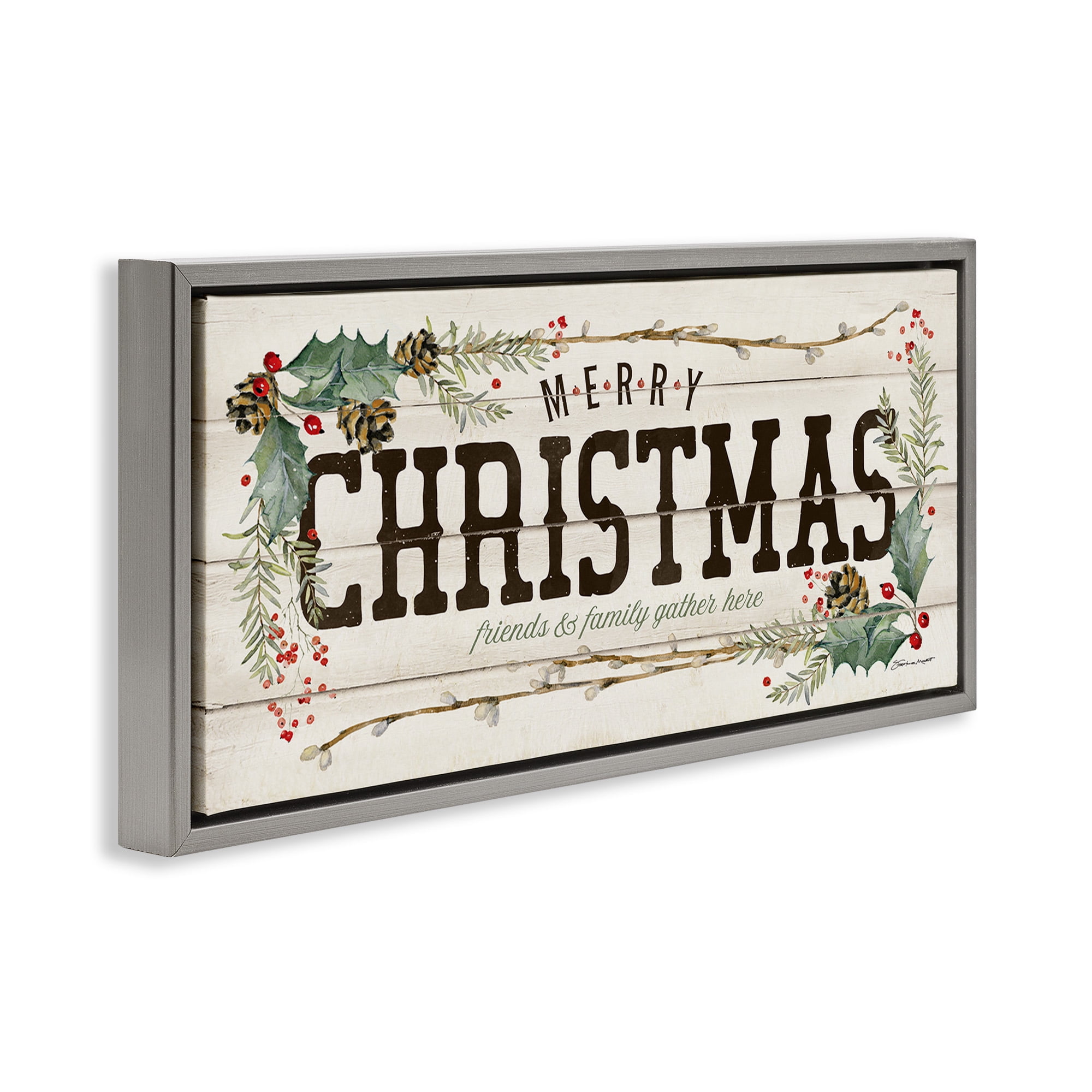 Stupell Industries Merry Christmas Friends & Family Holiday Painting Gray Floater Framed Canvas Art Print Wall Art, 25 x 11
