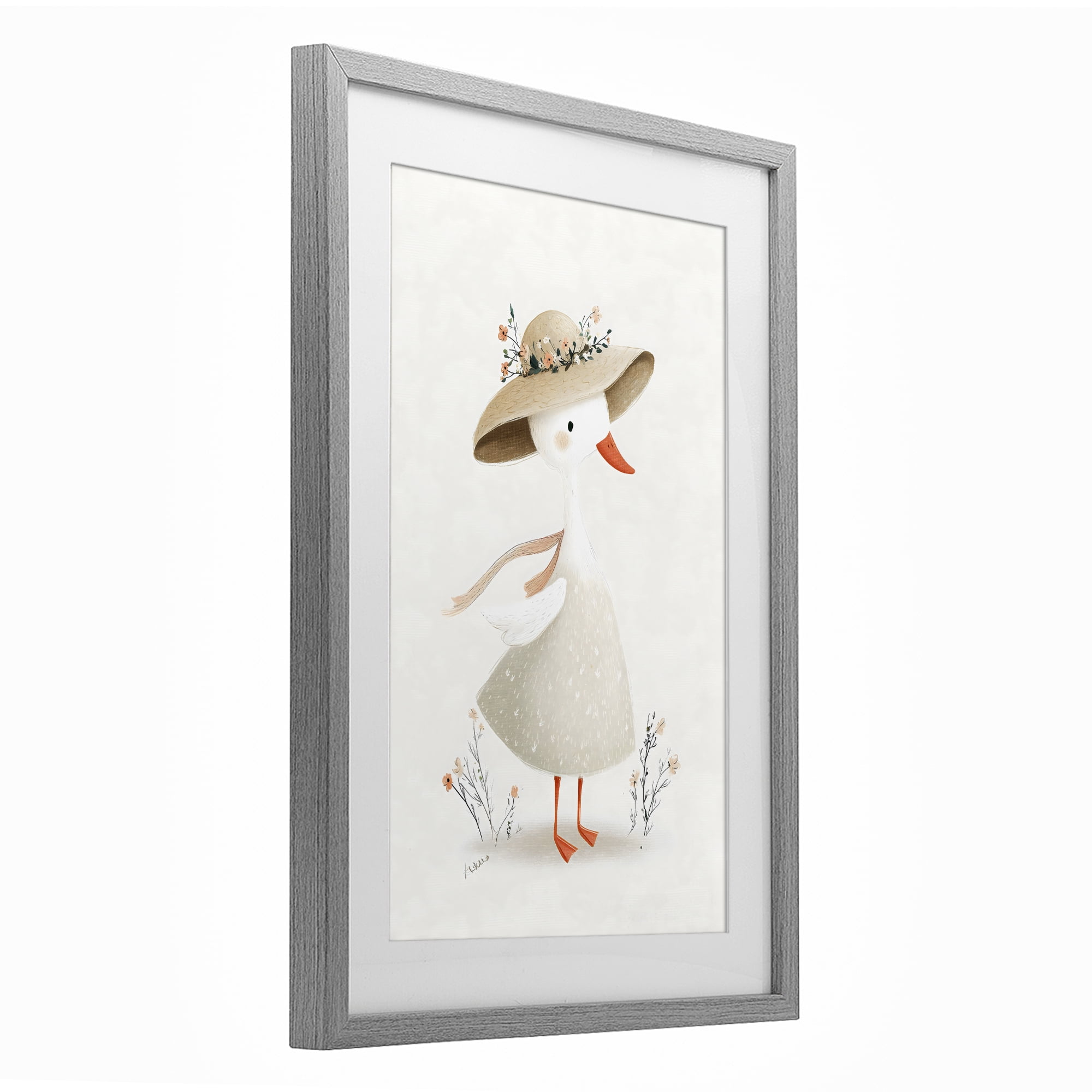 Stupell Industries Charming Goose in Sunhat Gray Framed Print Under Glass, design by Ink Drop Loft